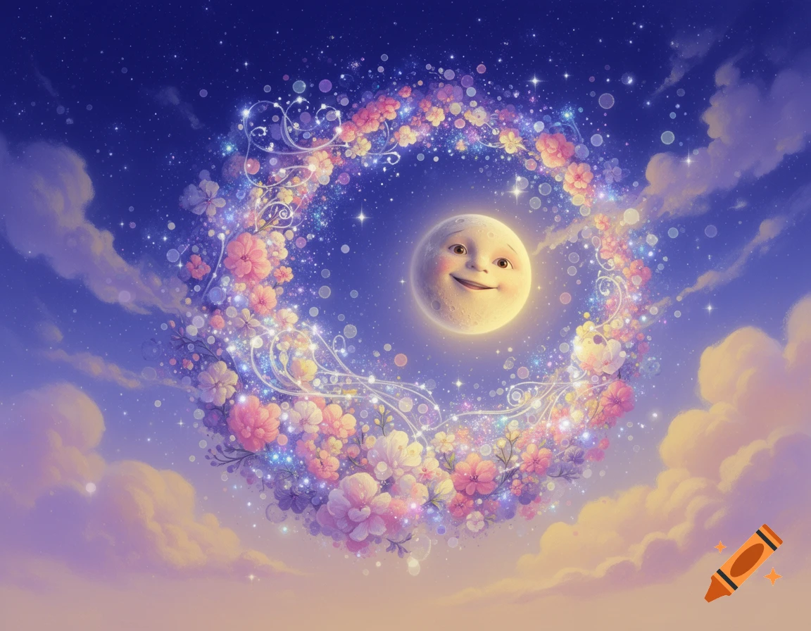 A smiling moon surrounded by a sparkling floral wreath, set against a blue starry night sky with soft clouds.