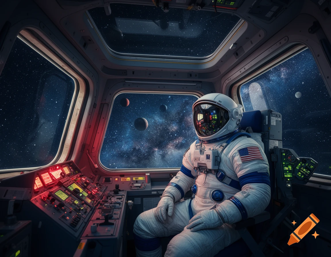 An astronaut in a space shuttle cockpit looks out at a galaxy with multiple planets, photorealistic.