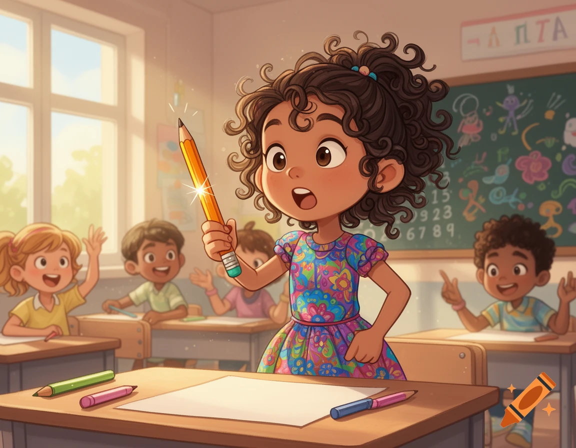 A cartoon girl with curly hair holds a glowing pencil in a sunny classroom, surrounded by other smiling children at their desks.
