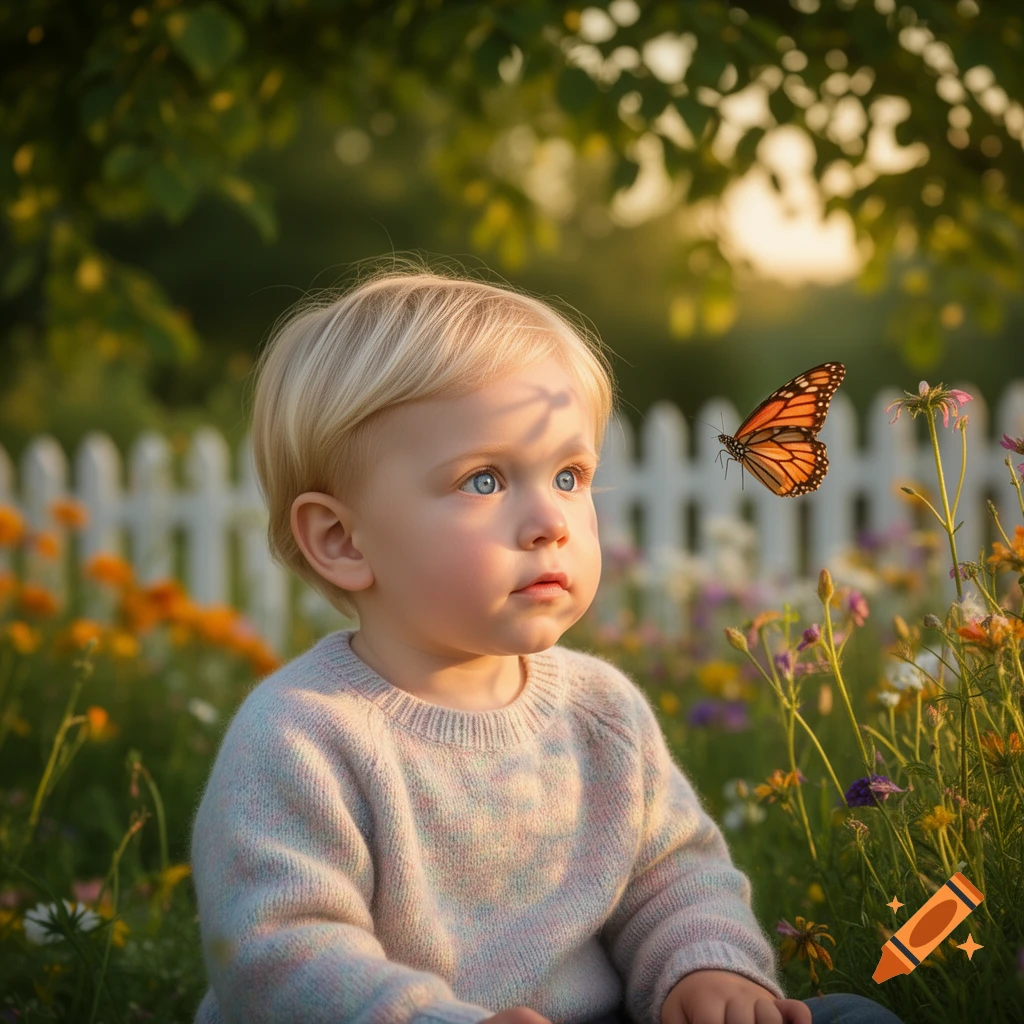 A blonde toddler with blue eyes looks intently at a monarch butterfly in a sunny garden with a white picket fence.