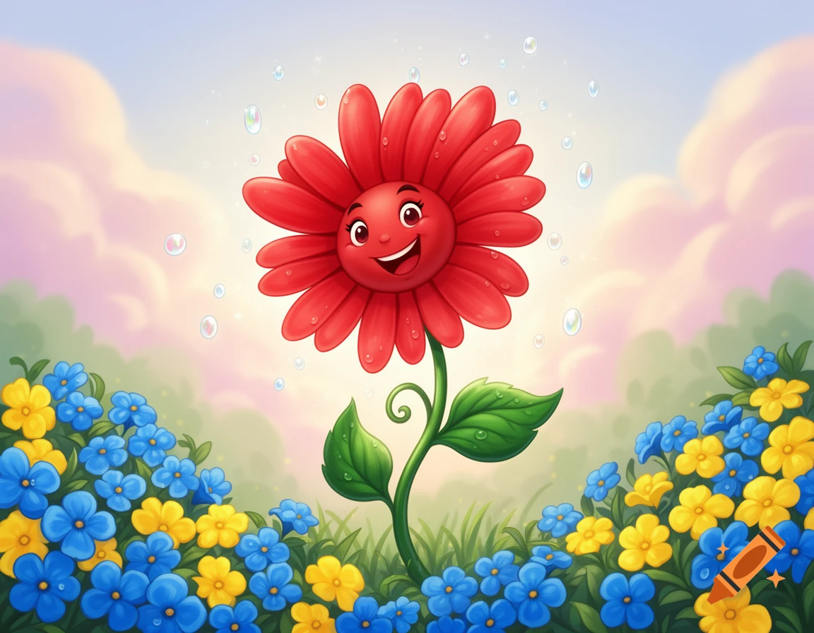A cheerful red cartoon flower with a smiling face stands in a field of blue and yellow flowers under a pastel sky.
