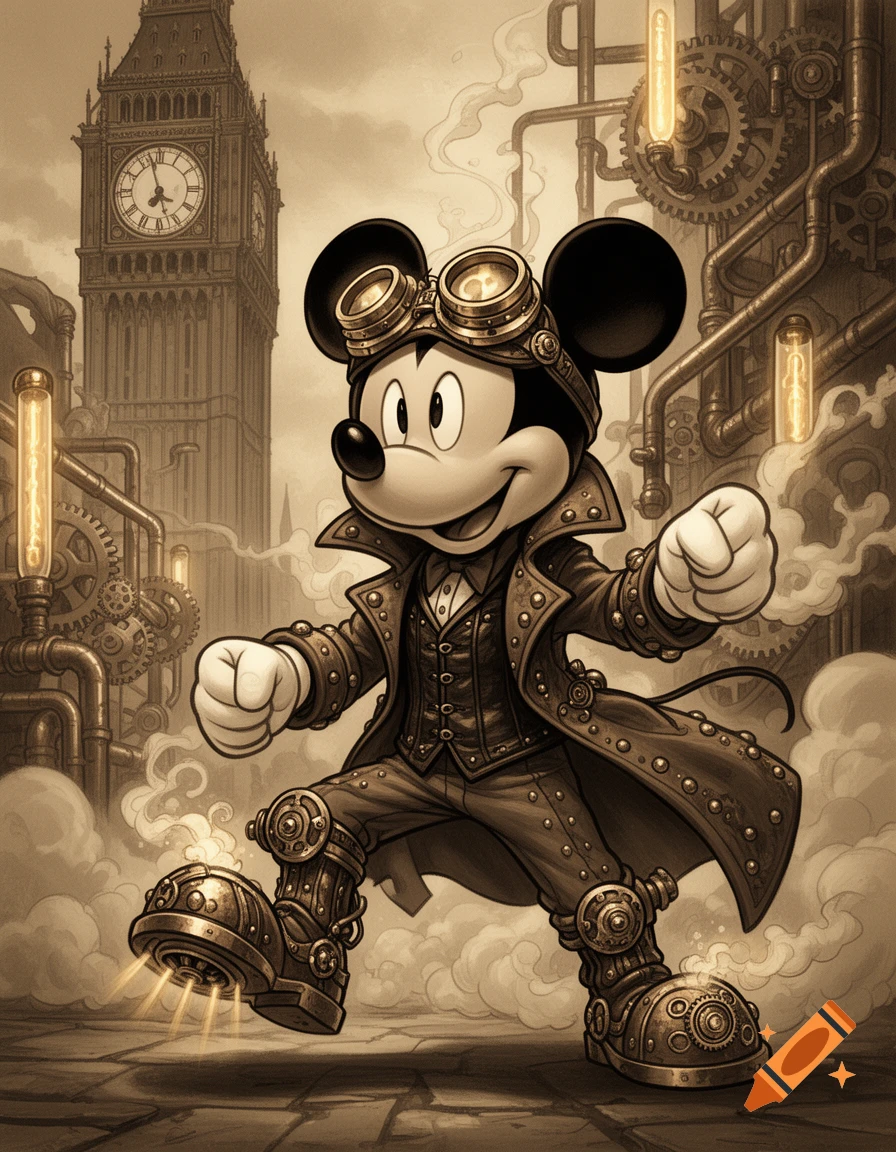 Steampunk Mickey Mouse with goggles and a studded coat, in a battle pose, against a sepia-toned industrial city with a Big Ben-like tower.