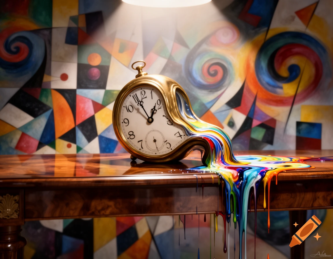 A golden melting pocket watch drips vibrant rainbow colors onto a wooden table, against a backdrop of colorful abstract geometric art.