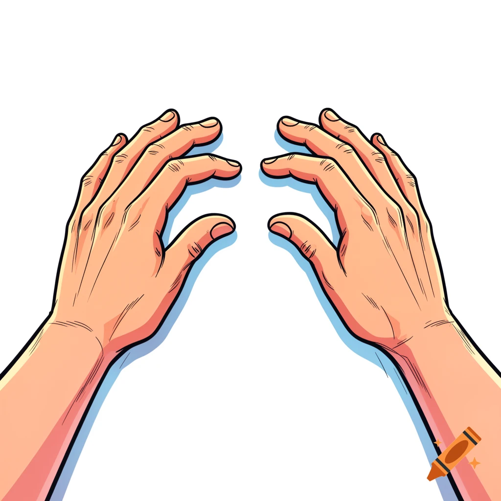 A comic-style illustration of two hands seen from a first-person perspective, against a white background.