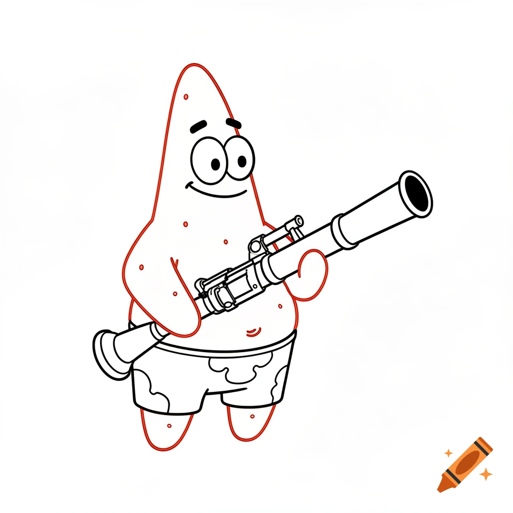 Line drawing of Patrick Star from Spongebob Squarepants holding a panzerschreck weapon.