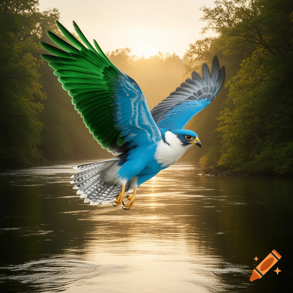 A vibrant blue and green hawk with white accents flies low over a reflective river at sunset, surrounded by lush green forests.