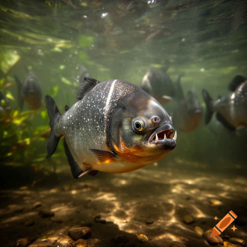 A close-up, eye-level view of a piranha with sharp teeth, swimming underwater in a murky river with other fish in the background.