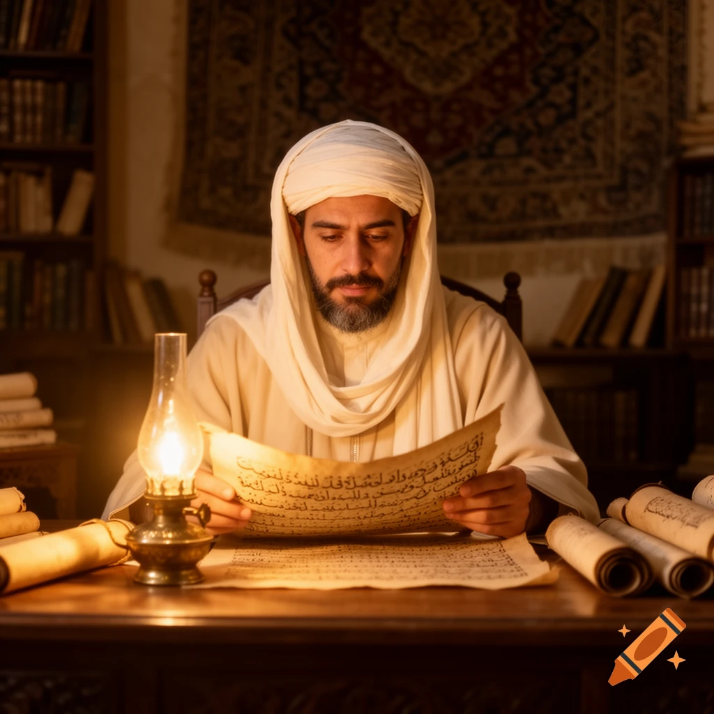 A man in a turban and robes reads an old document by the light of an oil lamp in a dimly lit study.