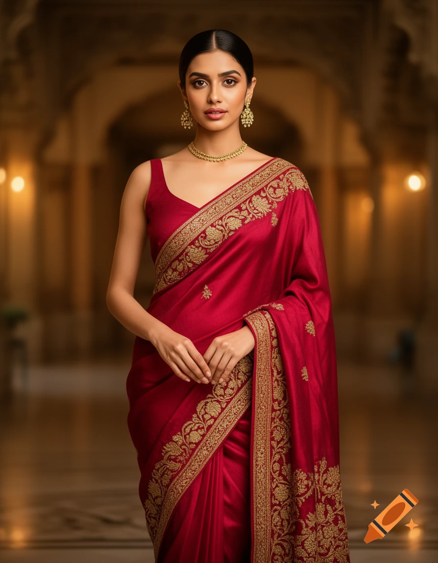A graceful Indian woman in a vibrant red saree with intricate gold embroidery, standing elegantly in an opulent, softly lit interior.