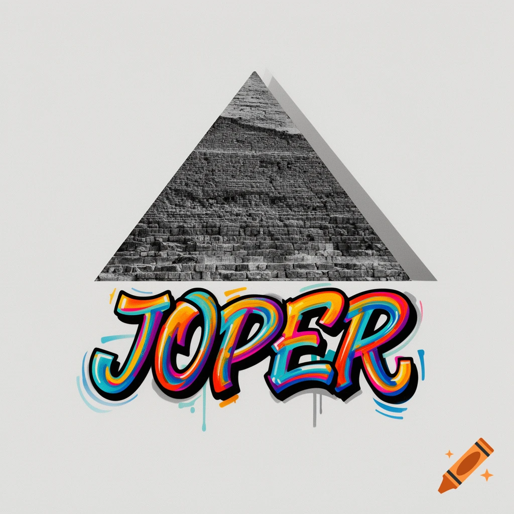 A grayscale pyramid above colorful graffiti art spelling 'JOPER' on a light gray background.