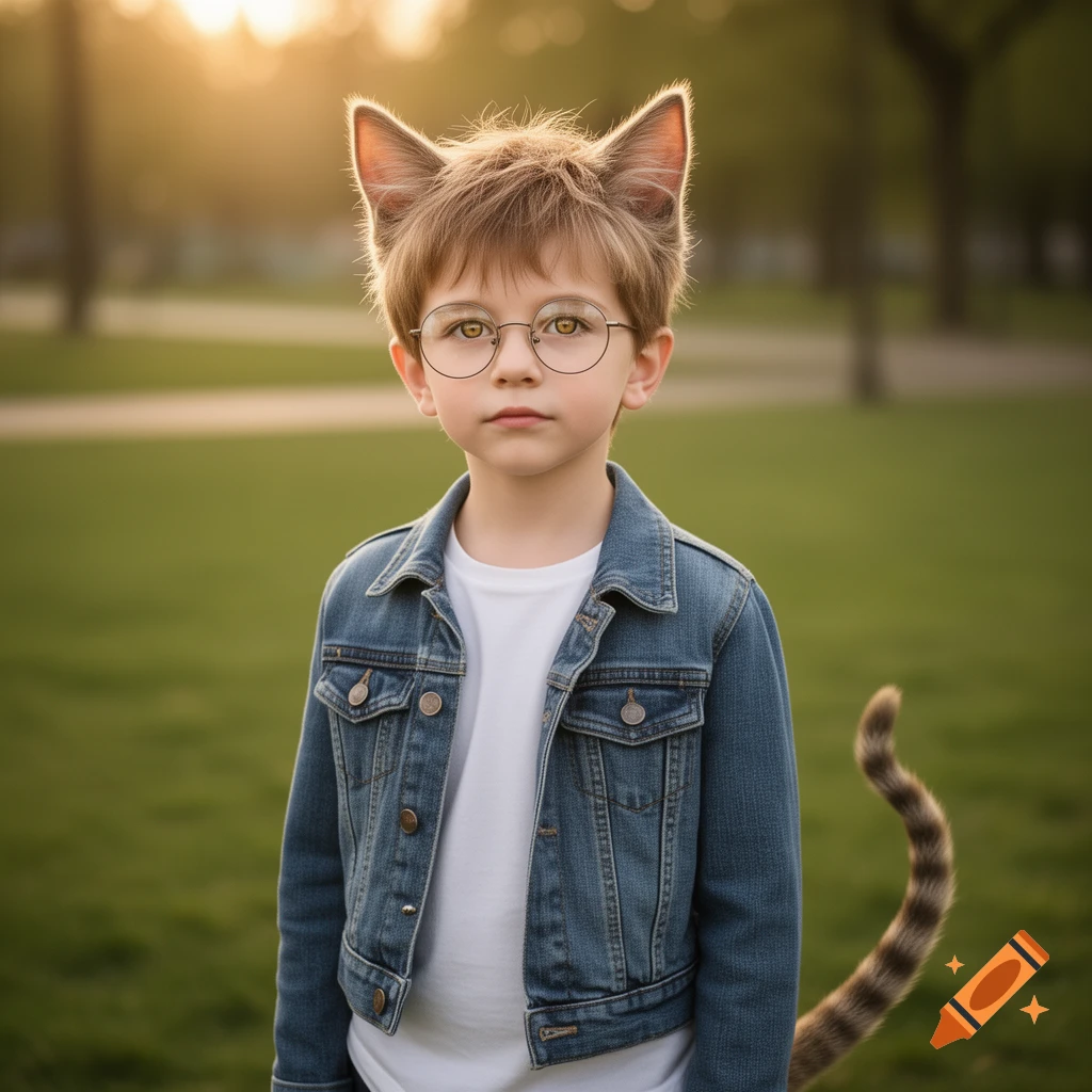 A young boy with round glasses, cat ears, and a striped tail wears a denim jacket and white t-shirt, standing in a grassy park at sunset.
