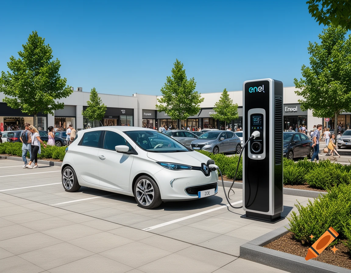 A white Renault Zoe electric car charges at an Enel fast-charging station in a sunny outdoor shopping center parking lot.