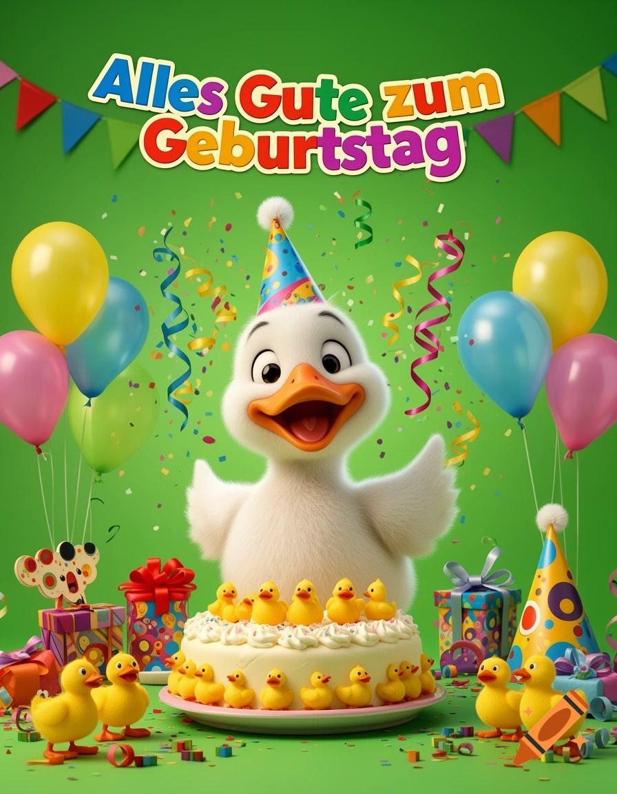 Cheerful cartoon duck in a party hat behind a birthday cake with rubber ducklings, balloons, presents, and confetti. Text 'Alles Gute zum Geburtstag'.
