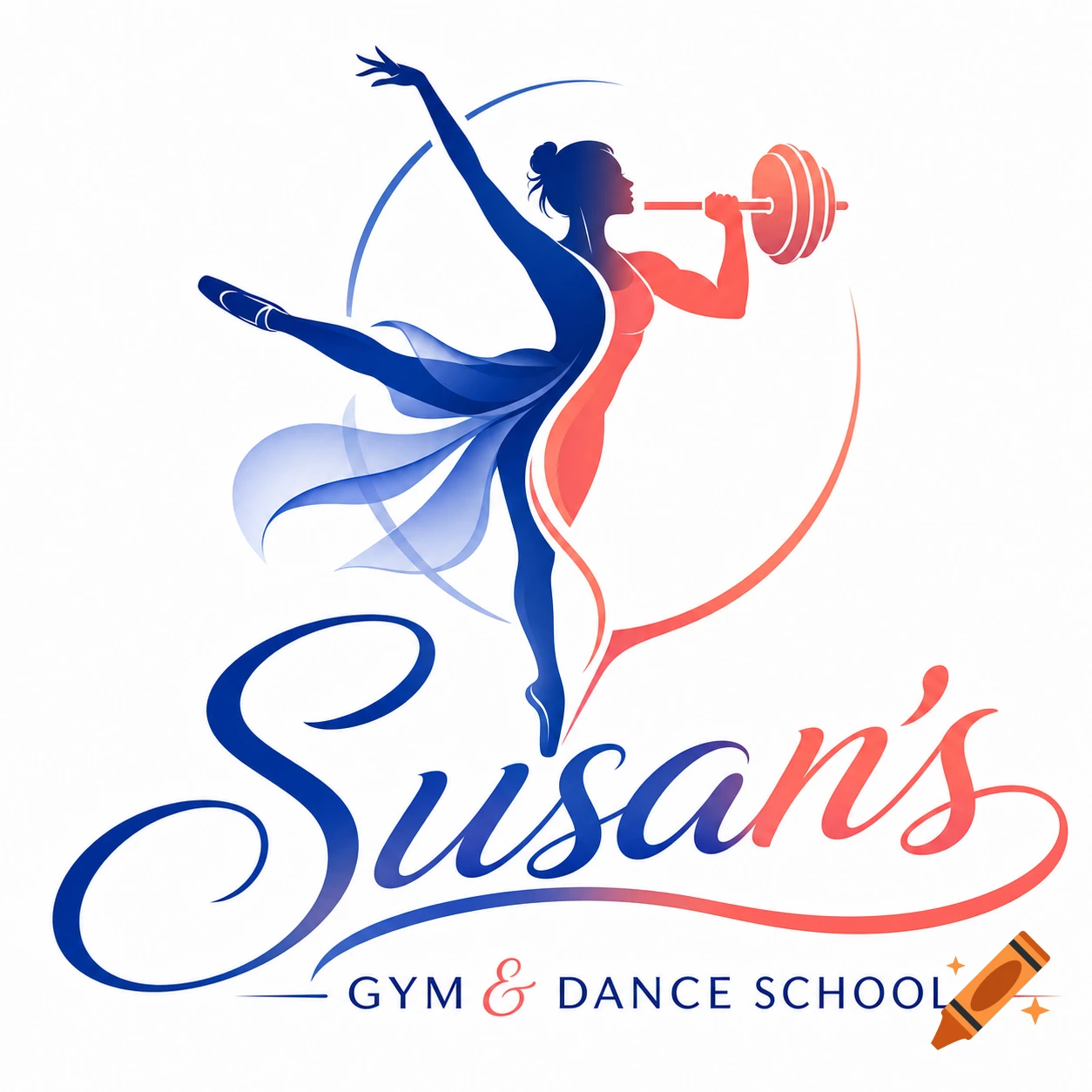 A logo showing a stylized woman in a split pose, one side a ballerina, the other a weightlifter, with 'Susan's Gym & Dance School' text.