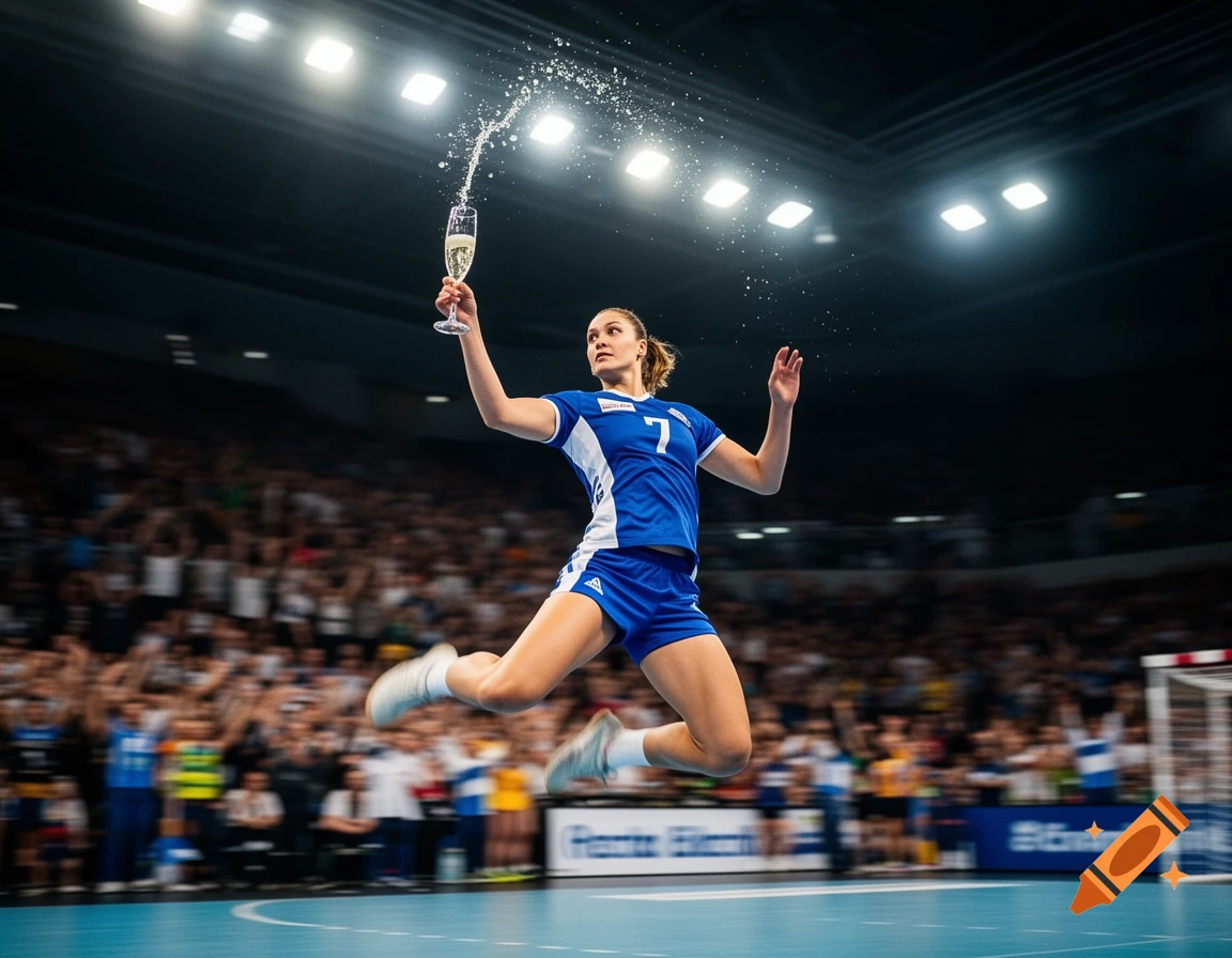 Female handball player in blue uniform jumps and celebrates with a splashing champagne glass in a stadium.