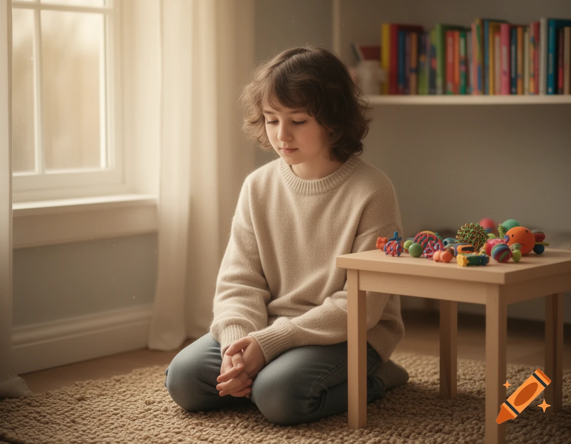 A young child with curly hair sits on a rug, looking down, next to a small table with colorful toys, in a sunlit room.