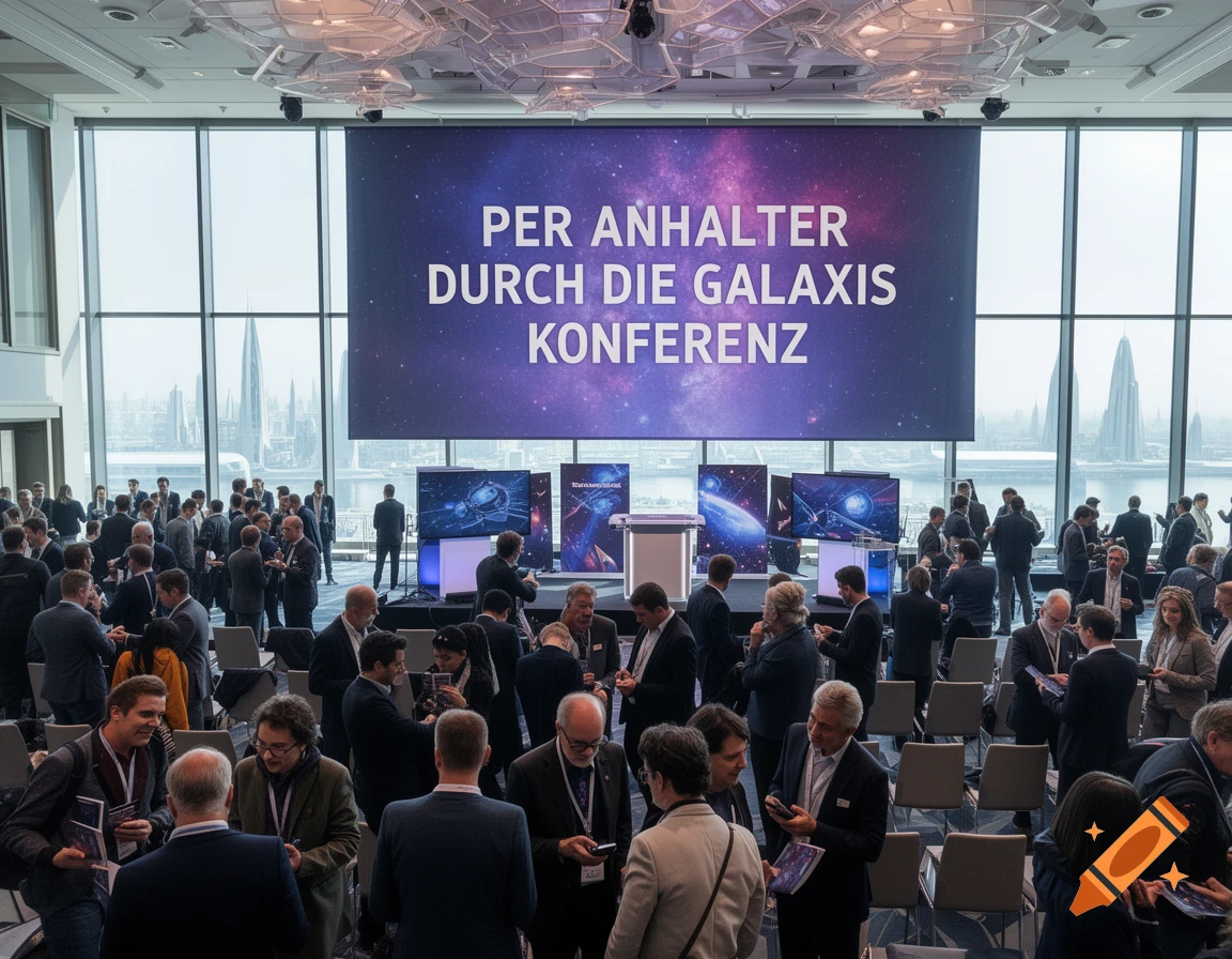 Attendees gather at a conference with a large screen displaying 'PER ANHALTER DURCH DIE GALAXIS KONFERENZ' and futuristic city views.