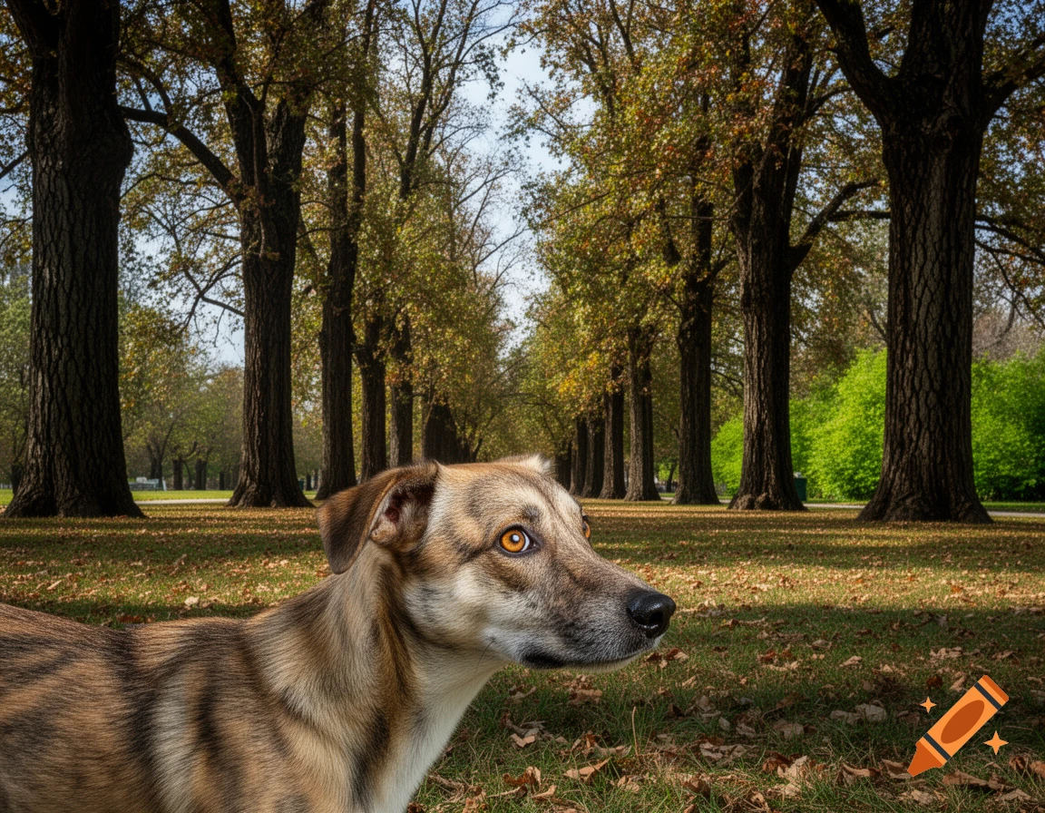 A brown and white dog with bright orange eyes looks right in a park with tall trees and autumn leaves.