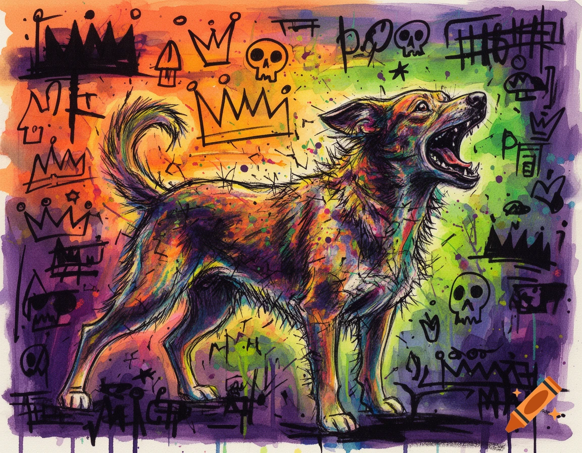 Vibrant watercolor painting of a barking dog with spiky fur, surrounded by graffiti-style crowns, skulls, and abstract marks.