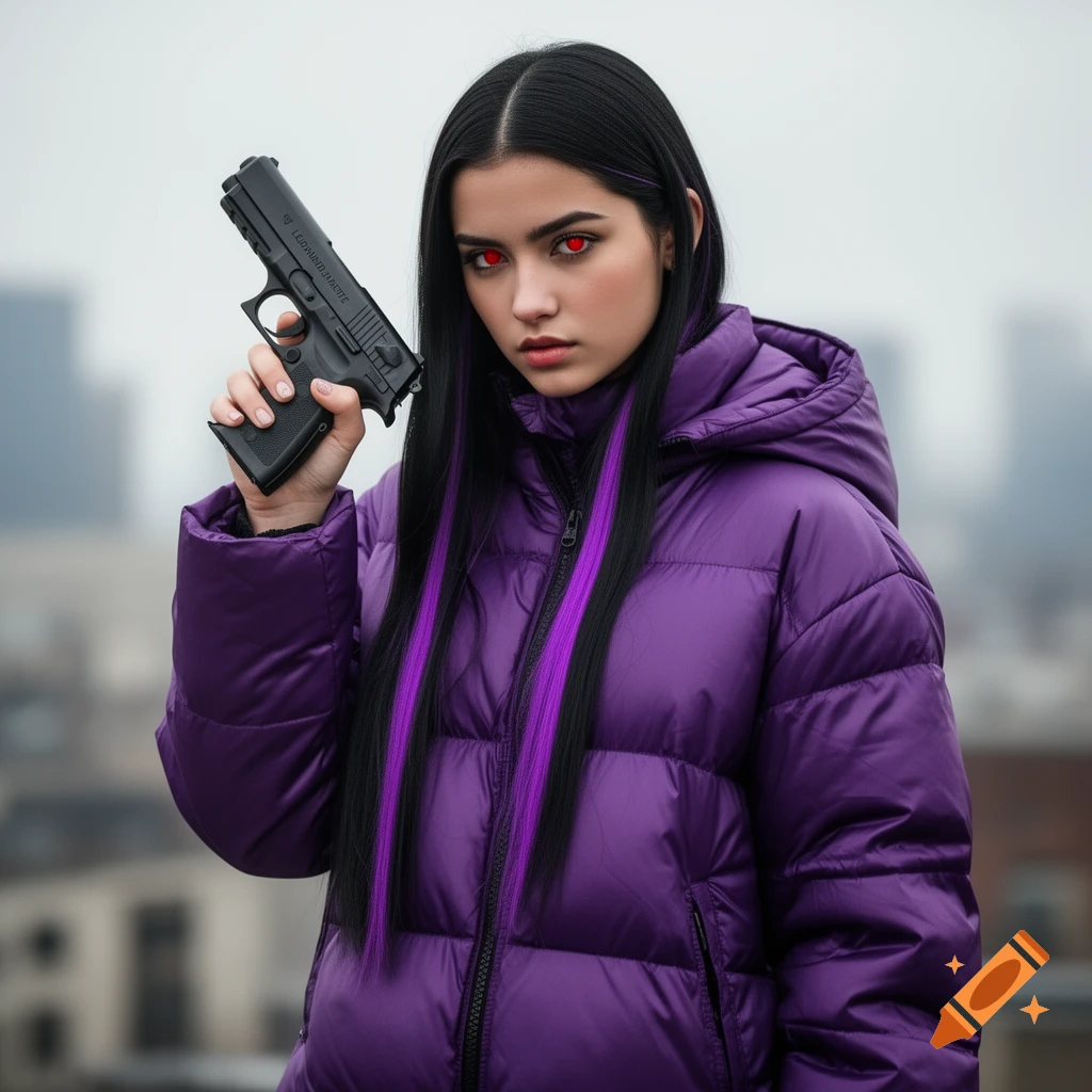 A woman with glowing red eyes, black hair with purple streaks, wearing a purple puffer jacket, holds a black pistol.