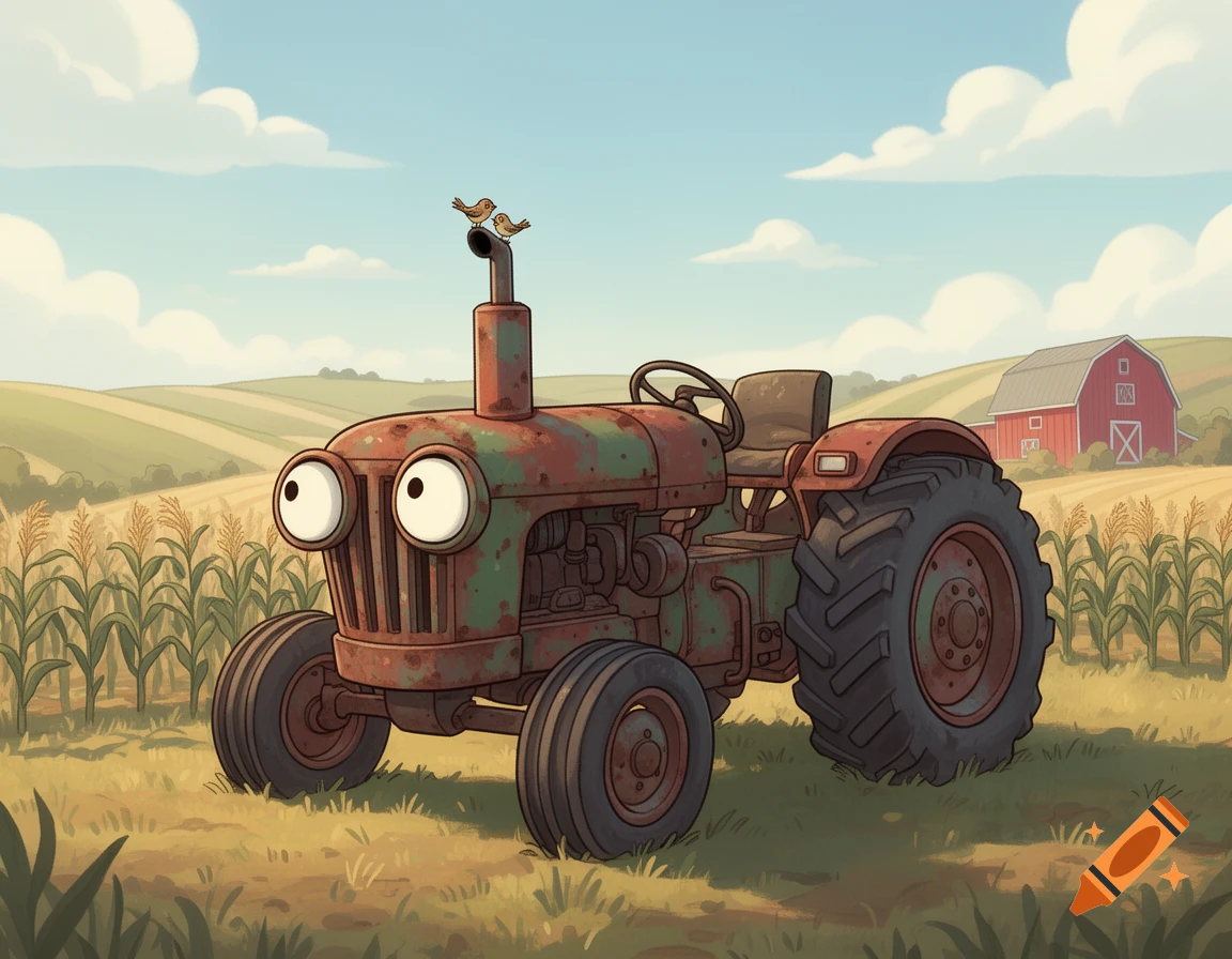 A rusty old cartoon tractor with big eyes in a farm field with crops and a red barn.