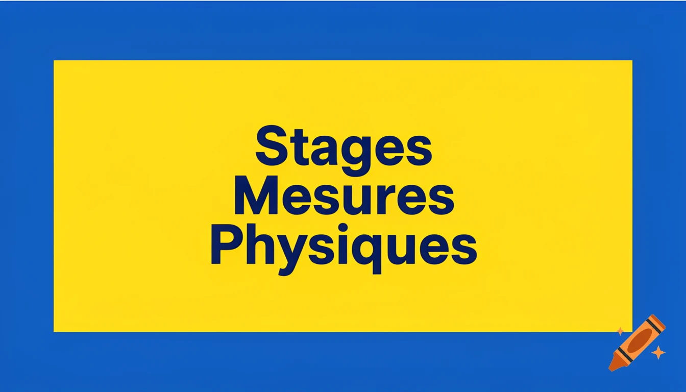 Blue text "Stages Mesures Physiques" on a yellow rectangular background framed by a blue border.