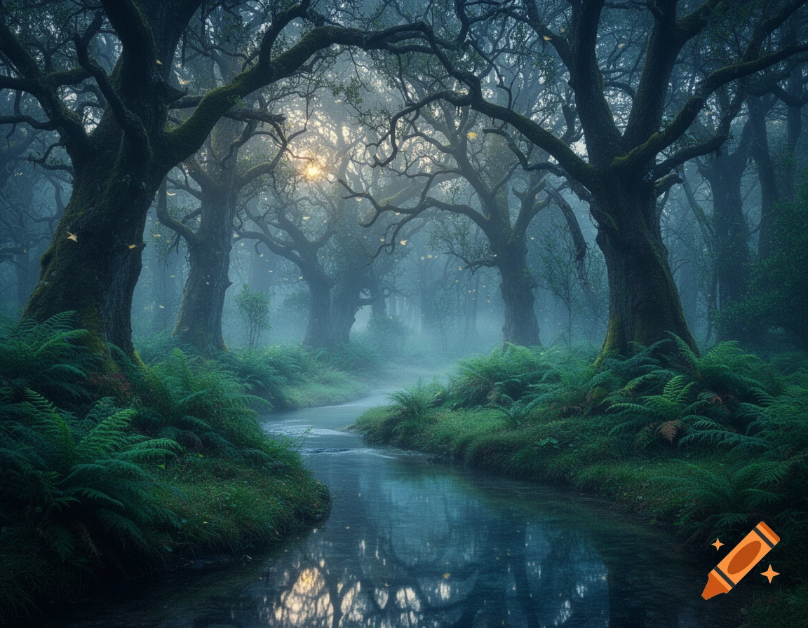 A serene, misty forest scene with a winding river reflecting light, surrounded by ancient moss-covered trees and lush ferns.