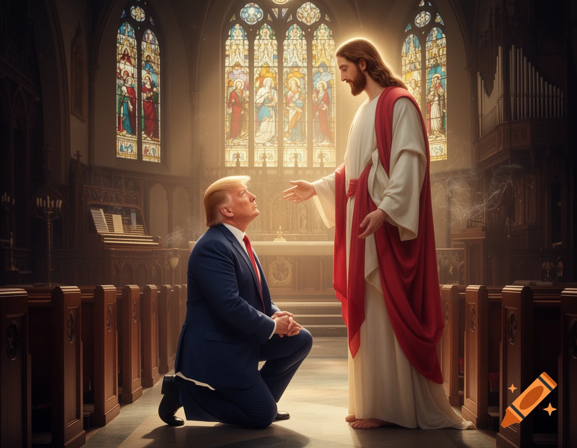 Donald Trump kneels before Jesus Christ in a grand church with stained glass windows, in a photorealistic style.