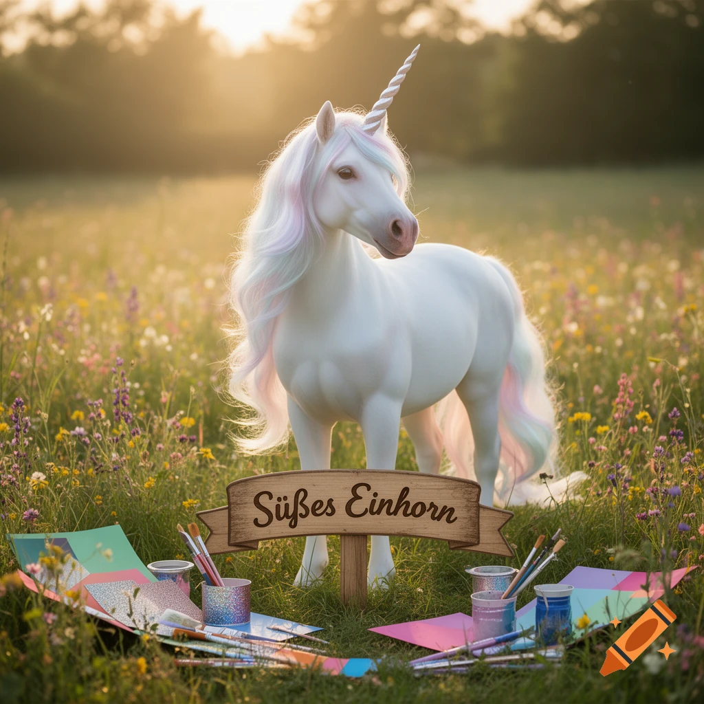 White unicorn with rainbow mane and tail in a sunlit wildflower field, with a 'Süßes Einhorn' sign and crafting supplies.
