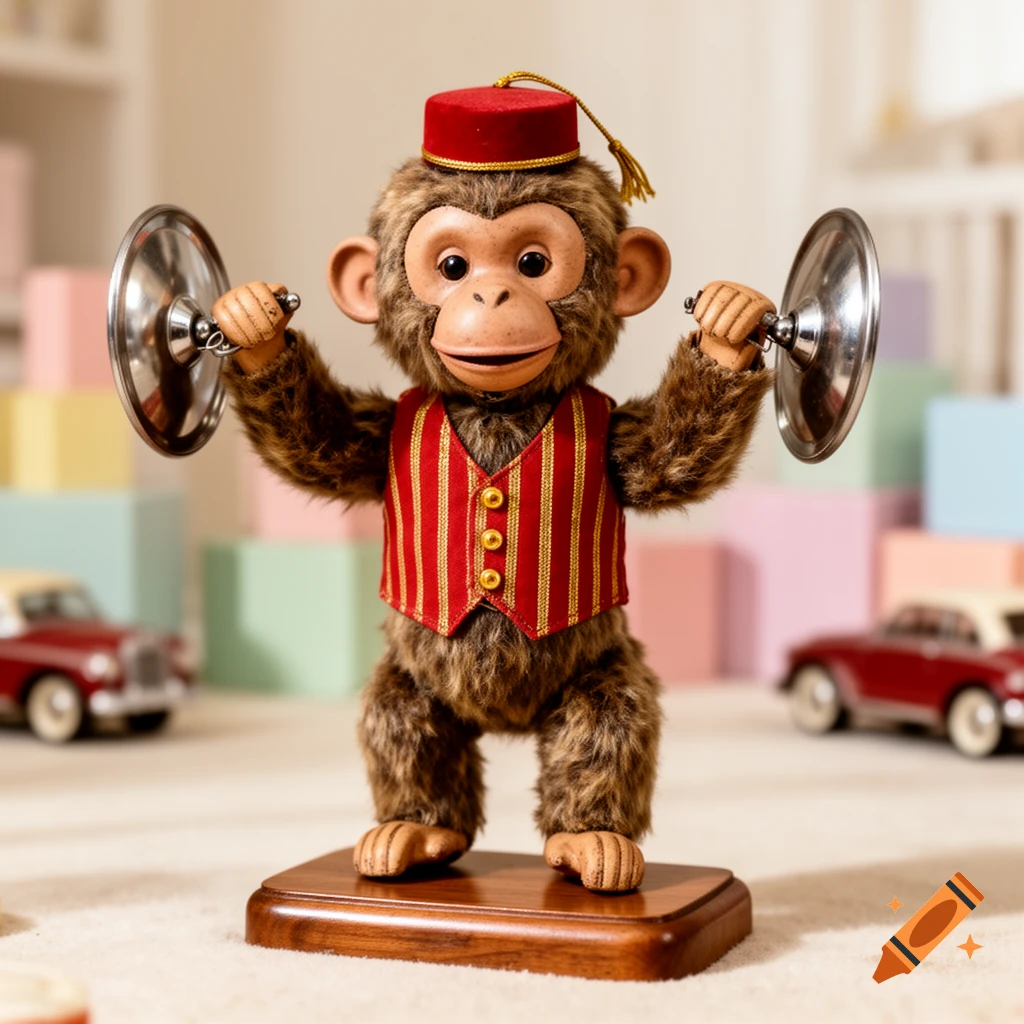 A photorealistic vintage-style monkey toy wearing a red vest and fez stands on a wooden base, holding cymbals, with blurred toys in the background.