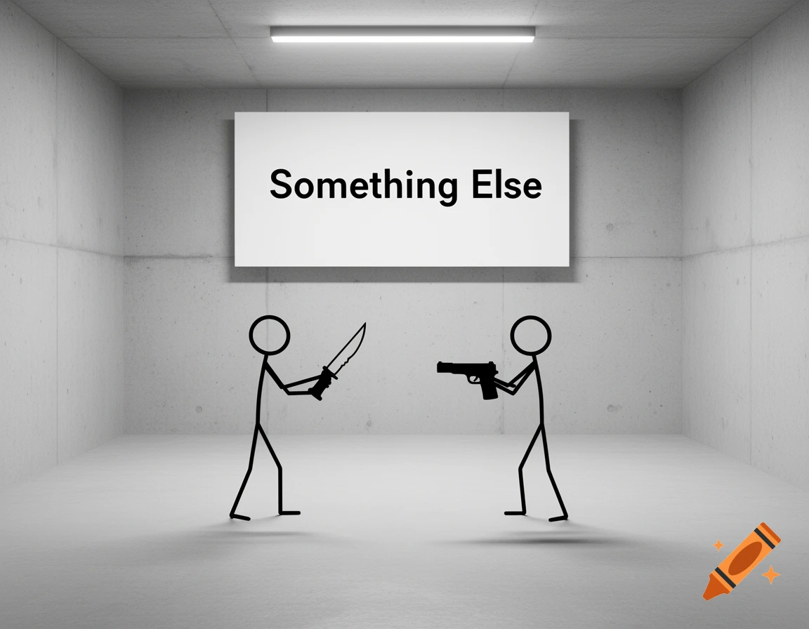 Two stick figures face each other in a concrete room, one holding a knife, the other a gun, under a sign reading 'Something Else'.