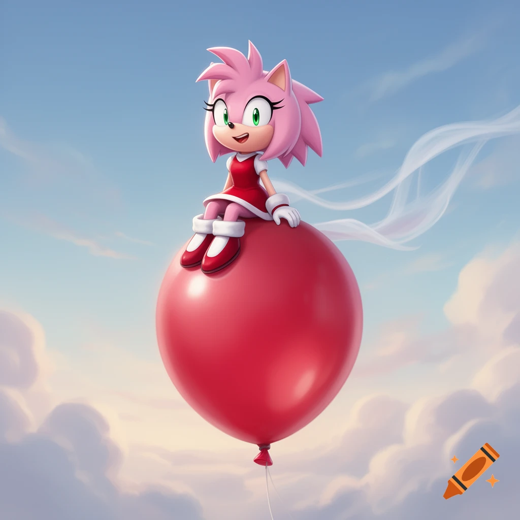 Amy Rose, a pink hedgehog in a red dress, sits smiling on a large red balloon floating in a blue sky with clouds.