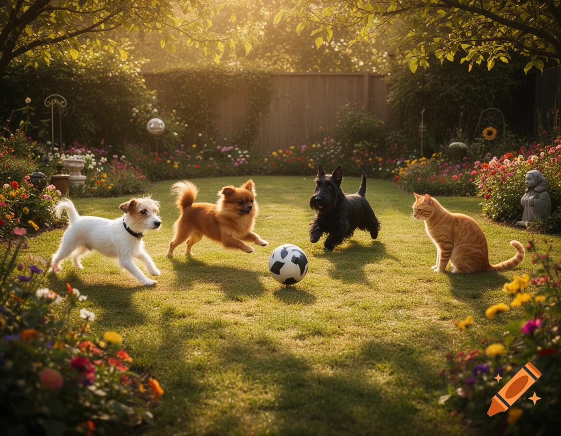 Three dogs and one cat in a sunny garden, with two dogs running near a soccer ball and a cat sitting. Photorealistic style.