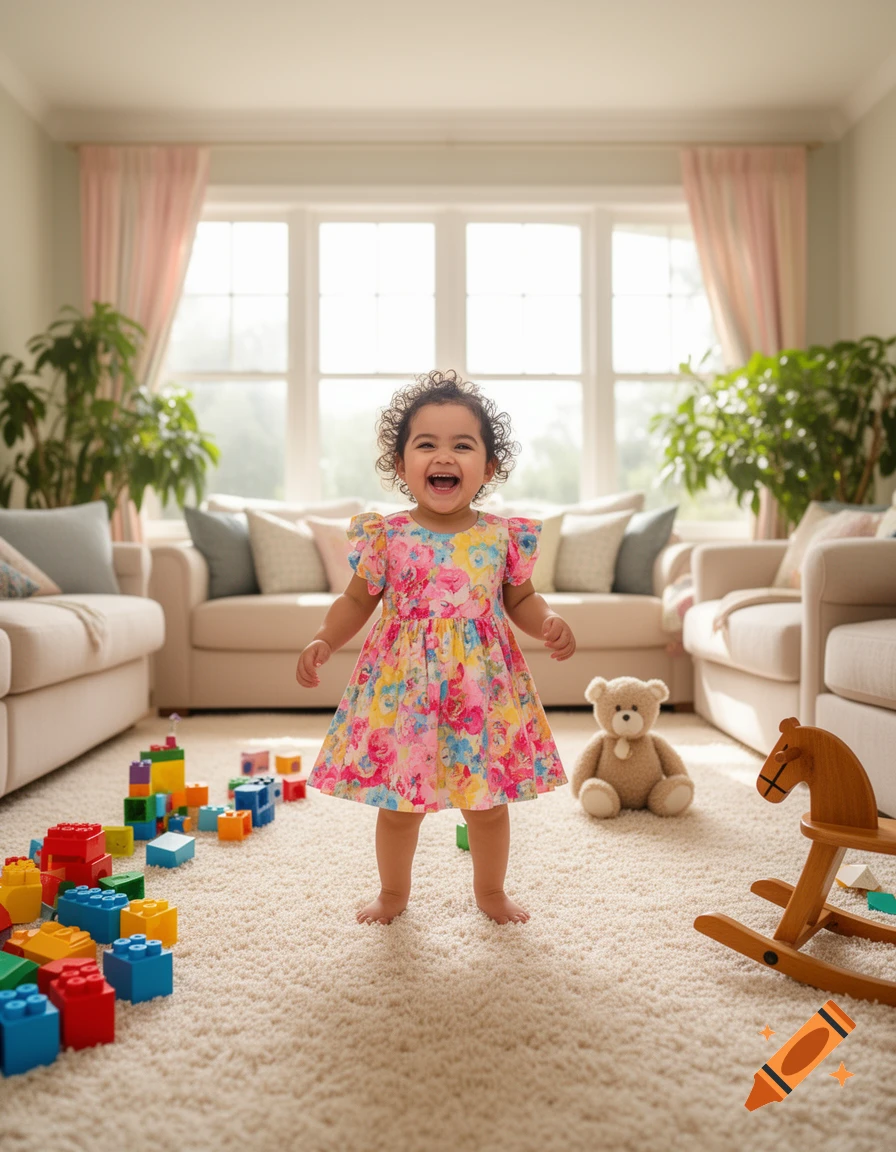 A happy baby girl in a floral dress stands laughing among colorful toys in a bright living room.