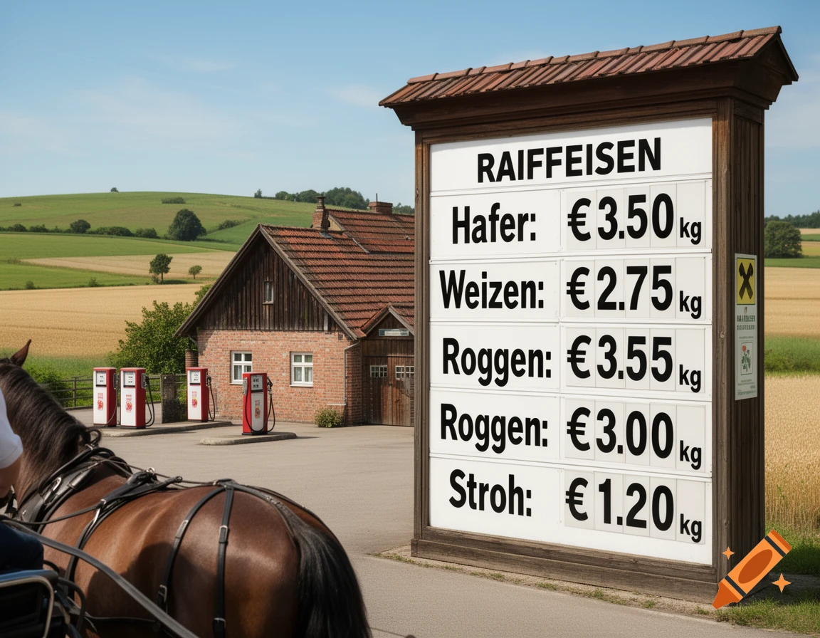 A horse-drawn carriage views a price sign for agricultural products like oats, wheat, and straw, in a rural setting with an old building and gas pumps.