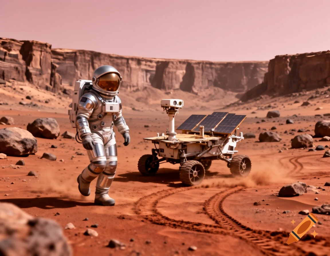 An astronaut walks across the red, rocky surface of Mars as a robotic rover follows, under a pale sky.