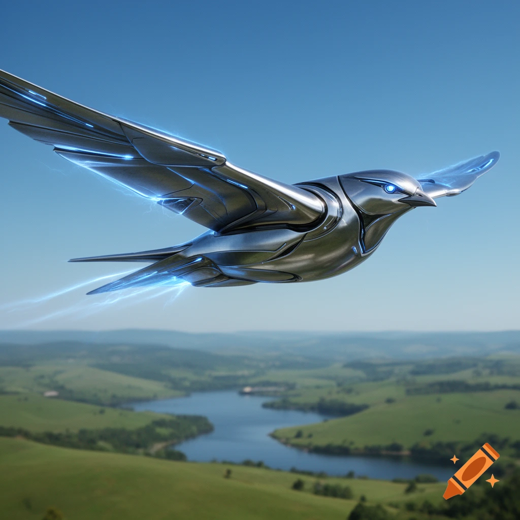 A sleek, metallic, futuristic bird with glowing blue accents flies over a lush green landscape with a winding river.