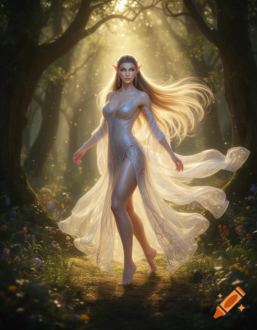 An elf goddess with long blonde hair, green eyes, and pointed ears, in a sparkling sheer gown, stands barefoot in a sunlit magical forest.
