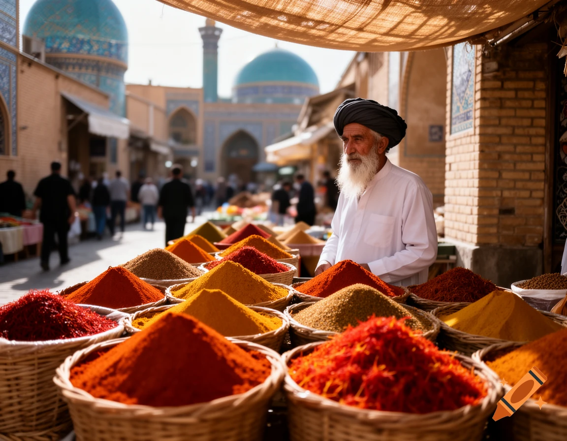 A photorealistic image of an elderly man with a white beard and turban standing behind baskets of colorful spices at an outdoor market, with ornate buildings and people in the background.