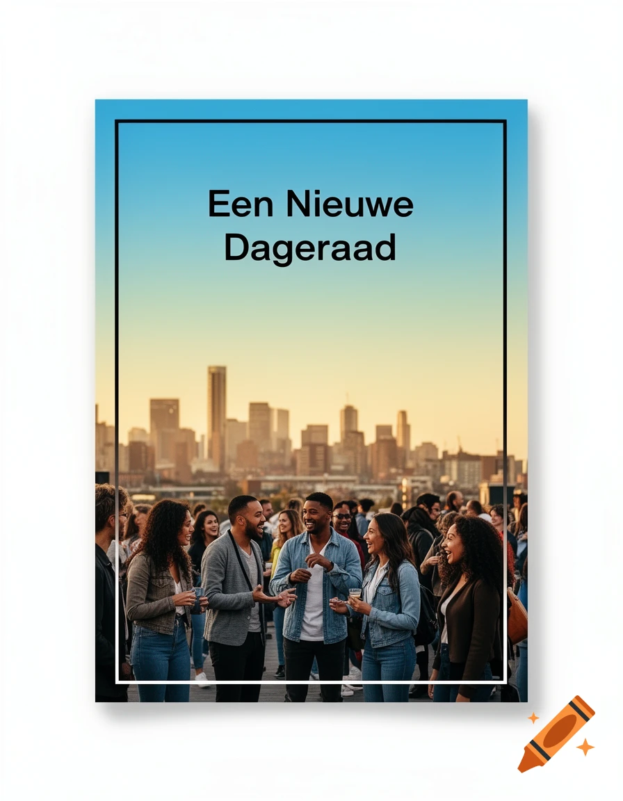 Diverse people at a photorealistic rooftop party with a city skyline at sunset, with a poster reading 'Een Nieuwe Dageraad'.
