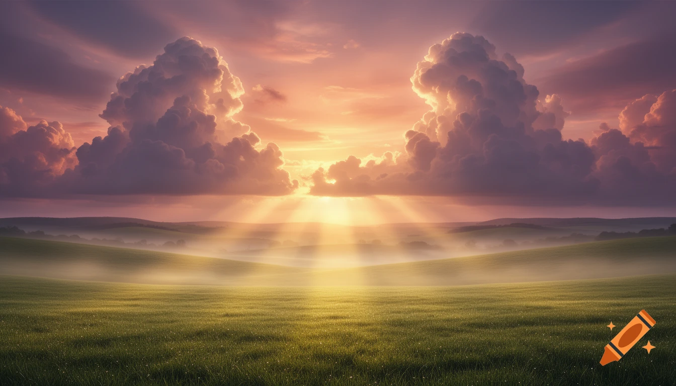 A magnificent sunrise over a vast green pasture with rolling hills, brilliant golden light shafts, and towering clouds in a dramatic sky.