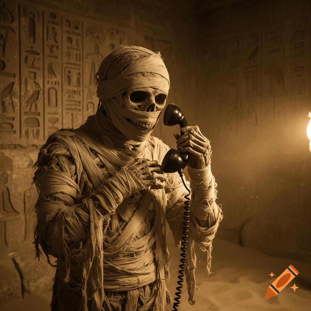 A mummy with a skull-like face and bandages holds an old-fashioned black telephone handset in a sepia-toned ancient Egyptian tomb.
