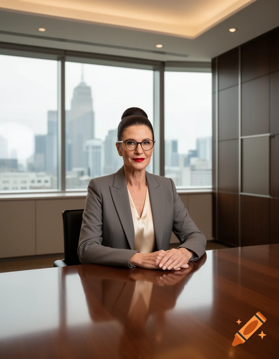 A professional older woman with red lips and glasses sits at a desk in a modern office overlooking a city.