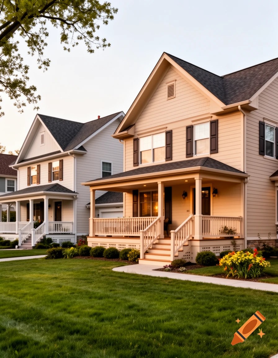 Two well-maintained suburban homes with front porches, green lawns, and blooming flowers under a clear sky.