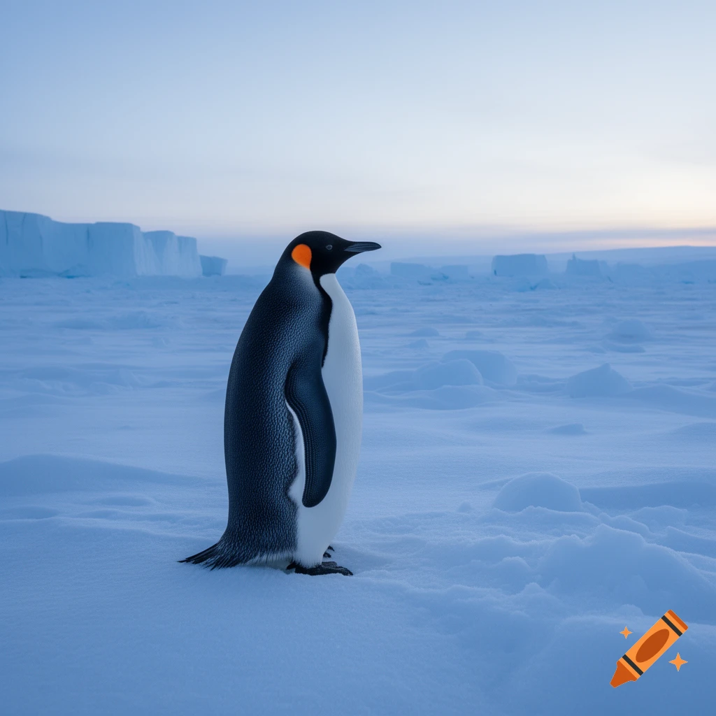 A photorealistic emperor penguin stands prominently in a vast, snowy arctic landscape under a pale blue sky.