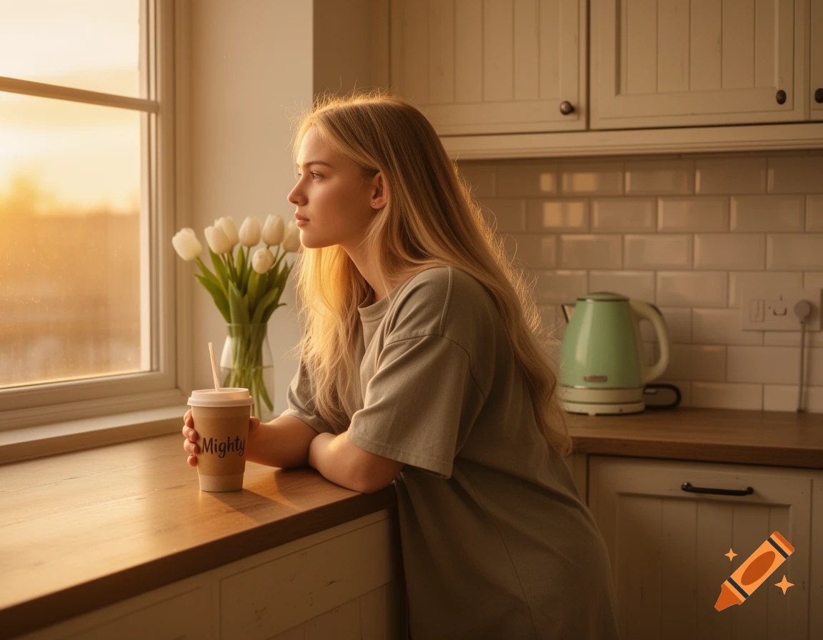 A blonde woman with long hair leans on a sunny kitchen counter, holding a coffee cup, gazing out a window.
