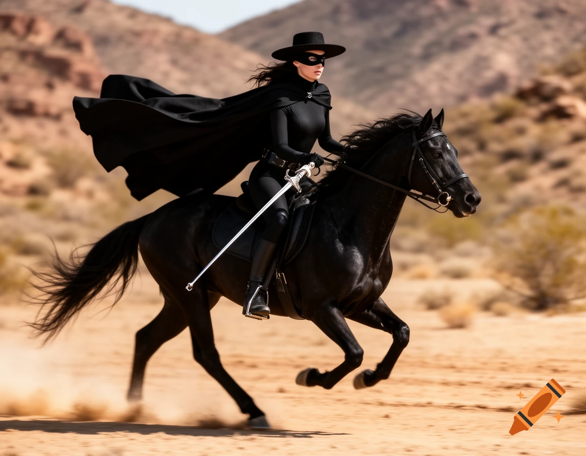A photorealistic image of a masked woman in a black Zorro costume riding a black horse through a desert landscape.