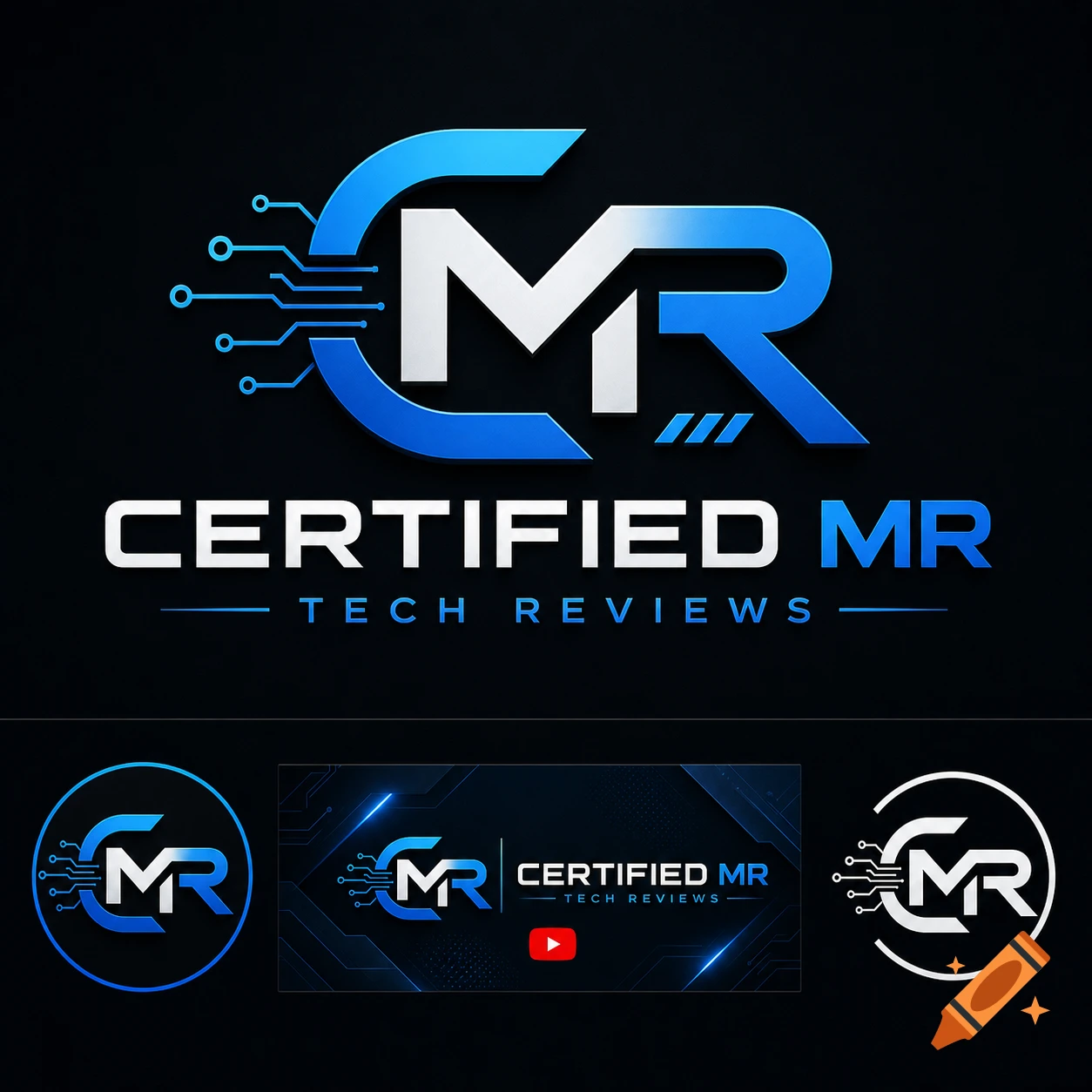 A modern blue and white logo for 'Certified MR Tech Reviews', featuring a stylized 'CMR' monogram with circuit board elements.