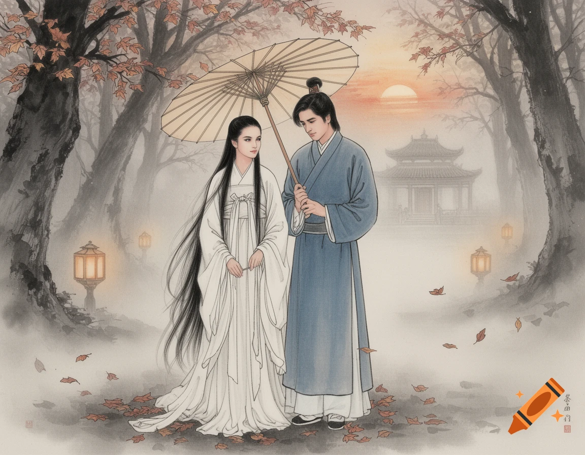 Traditional Chinese ink wash painting of a man and woman in ancient robes under an umbrella in a misty autumn forest with glowing lanterns and a distant temple.