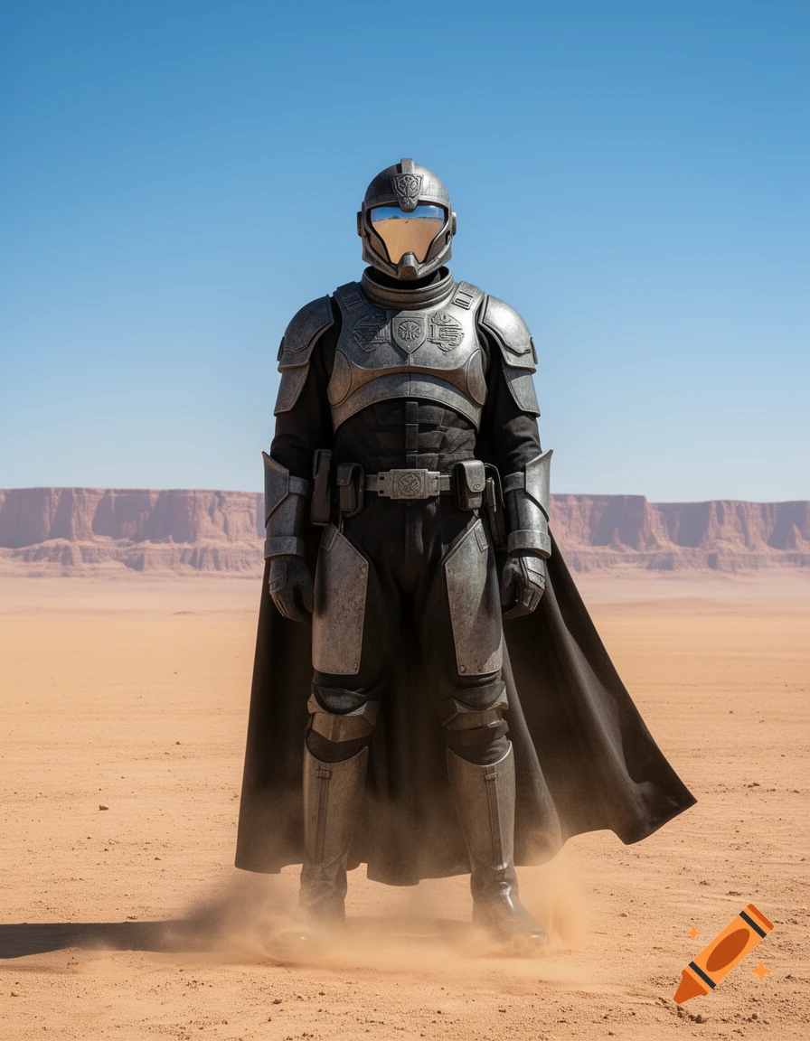 Photorealistic soldier in detailed silver futuristic armor and black cape stands in a vast, sunny desert with distant mesas.